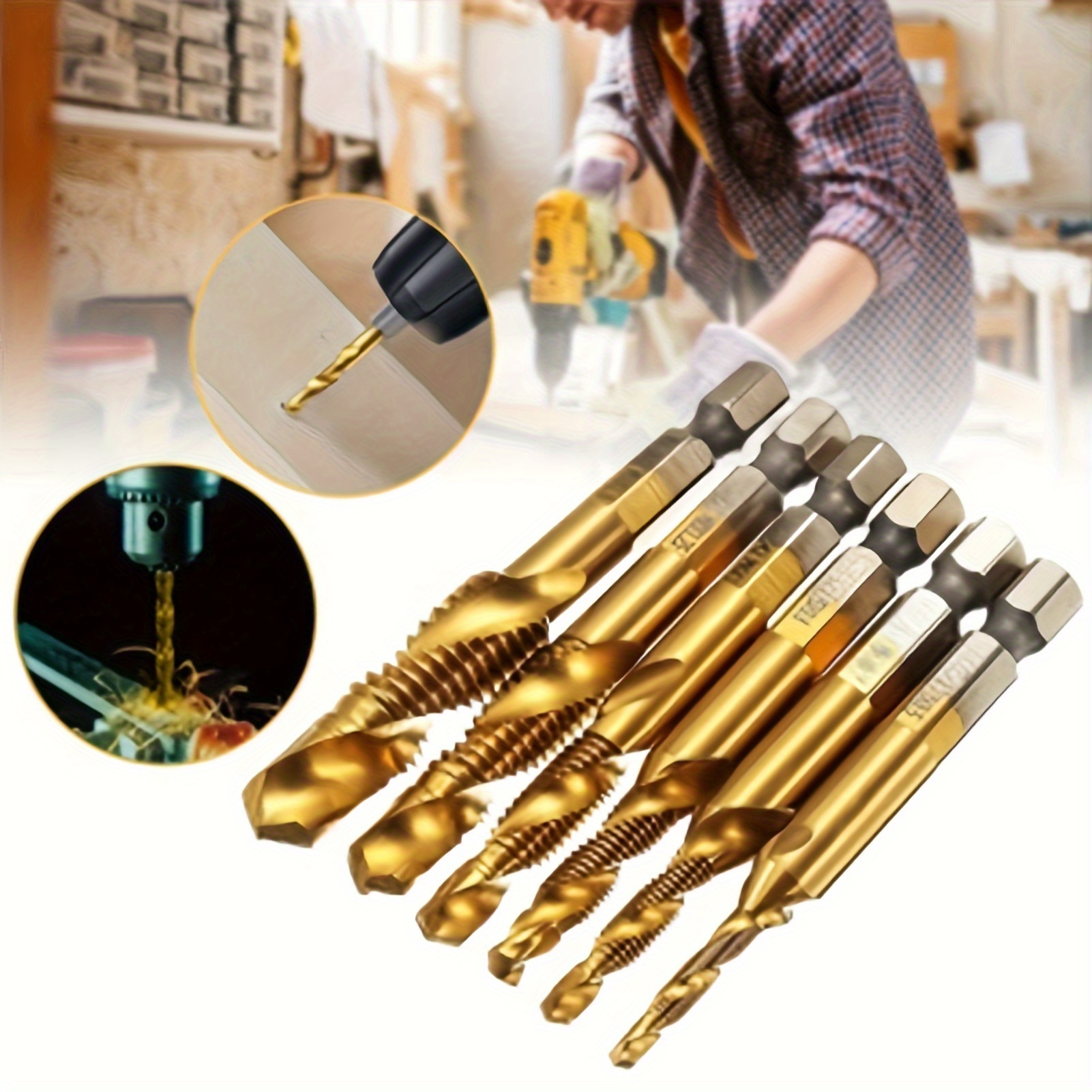 

6pcs Metric Thread M3, M4, M5, M6, M8, M10 Titanium Combination Drill And Tap Bits Set, 1/4" Hex Shank Hss Screw Tapping Bit Screw Tap Drill Bits For Drilling Tapping Countersinking