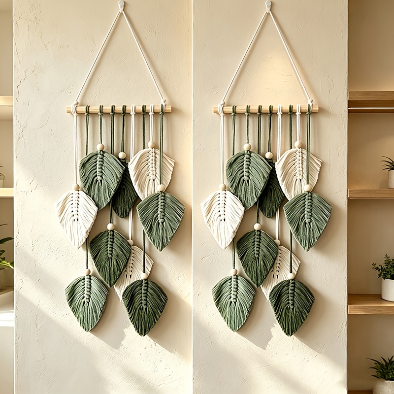 TEMU 2pcs Bohemian Hand- Leaf Tapestry Wall Hanging With Natural Wooden Rod & Tassels - Vertical Leaf Suitable For , Leaf For Bedroom, Living Room,