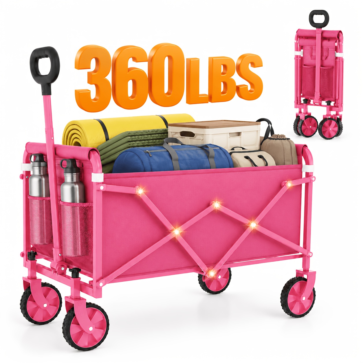 TEMU Foldable Wagon Cart With Wheels, 360/60lbs Heavy Duty Folding Wagon, Large Capacity Collapsible Utility Wagon With Adjustable Handle And Cup