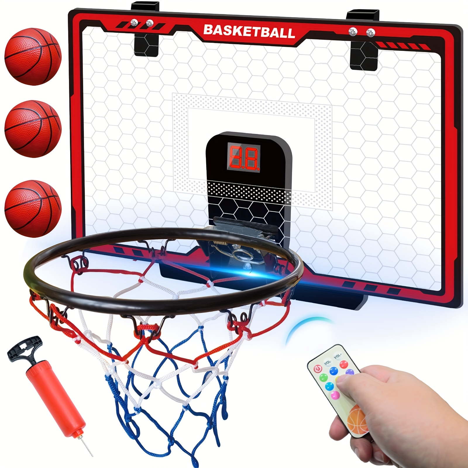 Indoor Mini Basketball Hoop for Kids, Basketball Hoops Over The Door with LED Lighting, Mini Hoop with Scoreboard & 3 Balls, Basketball Toys Gifts for 5 6 7 8 9 10 11 12 Year Old Boys Girls