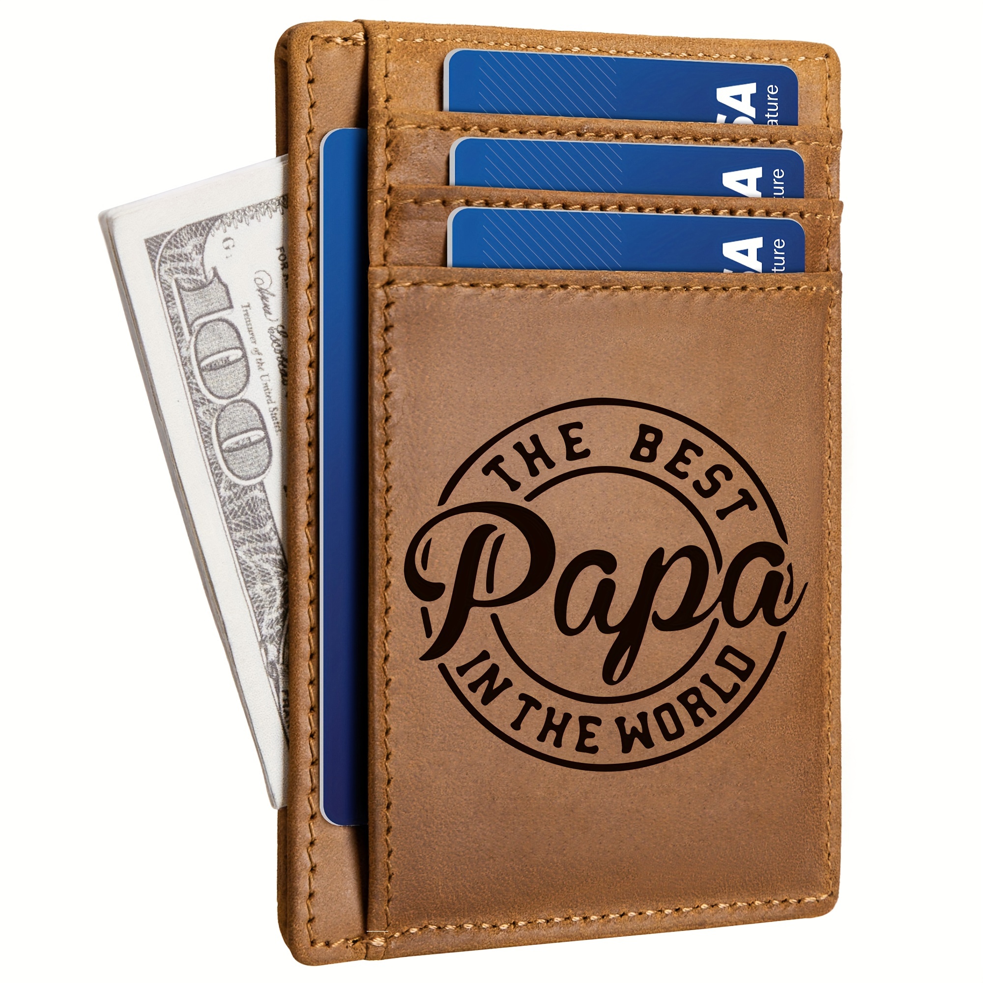 

Top-grain Leather Slim Wallet For Men, Engraved With 'the Best Papa In The World', Credit Card Holder With Multiple Slots, With Ruffle Detail, Alphabet Pattern, Pvc - Unique Christmas Gift Idea