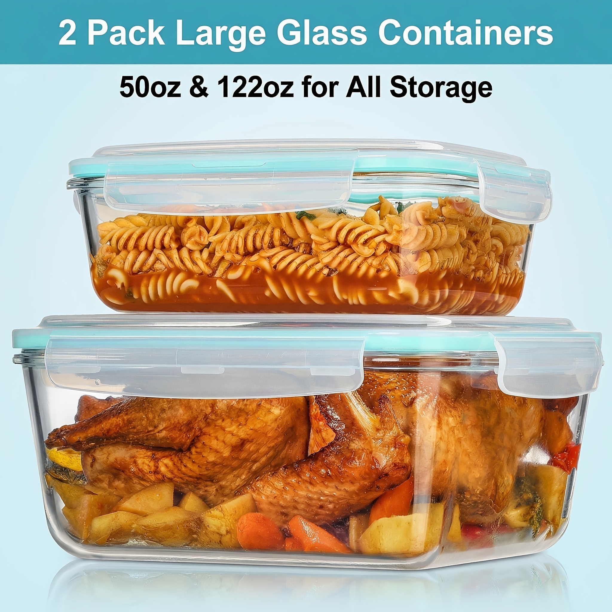 TEMU 2 Pack Large Glass Food Storage Containers With Airtight Lids, 122oz+50oz Big Glass Containers For Roasting Chicken, Baking Casseroles, Food