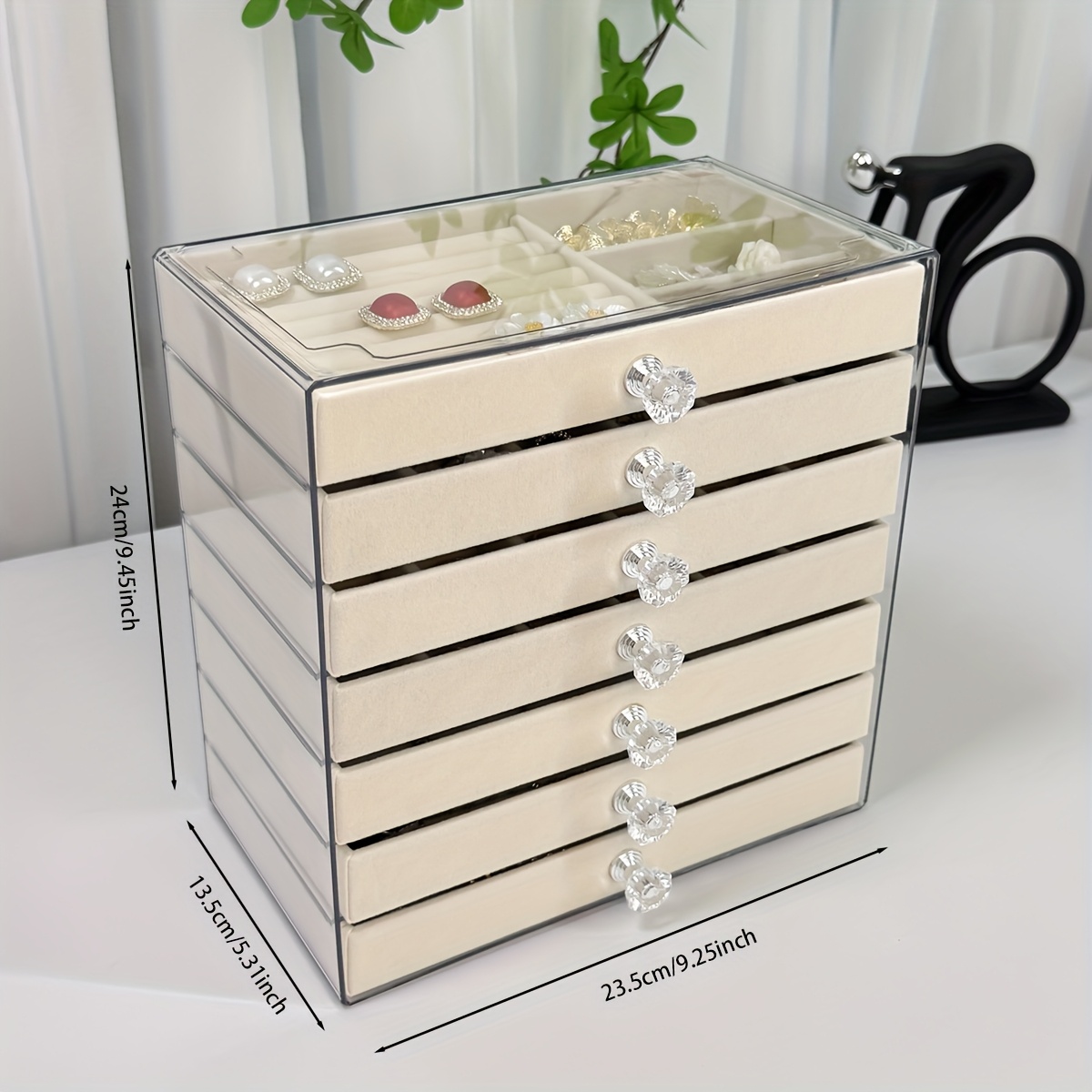 7 layer transparent plastic jewelry organizer box with fabric lined compartments secure   closure contemporary octagonal design multi use desktop storage for earrings rings necklaces jewelry organizer storage durable polished   jewelry boxes Product details 1