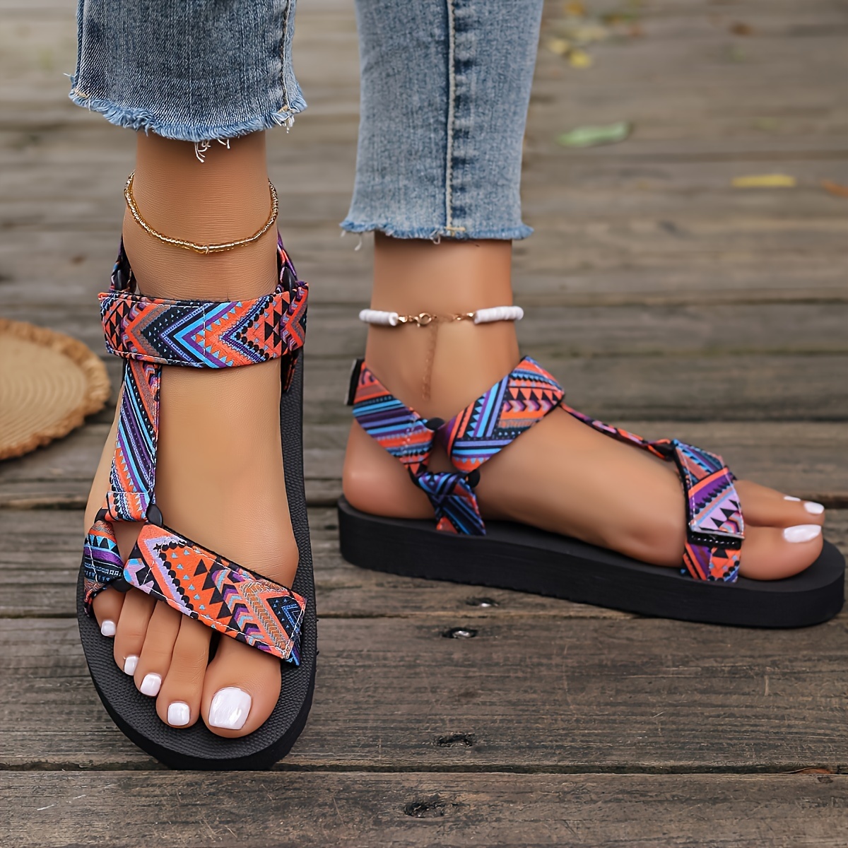 

Women's Bohemian Sport Sandals, Colorful Aztec Pattern, Comfortable Strap Flip-flops With Arch Support, Summer Outdoor Walking Shoes