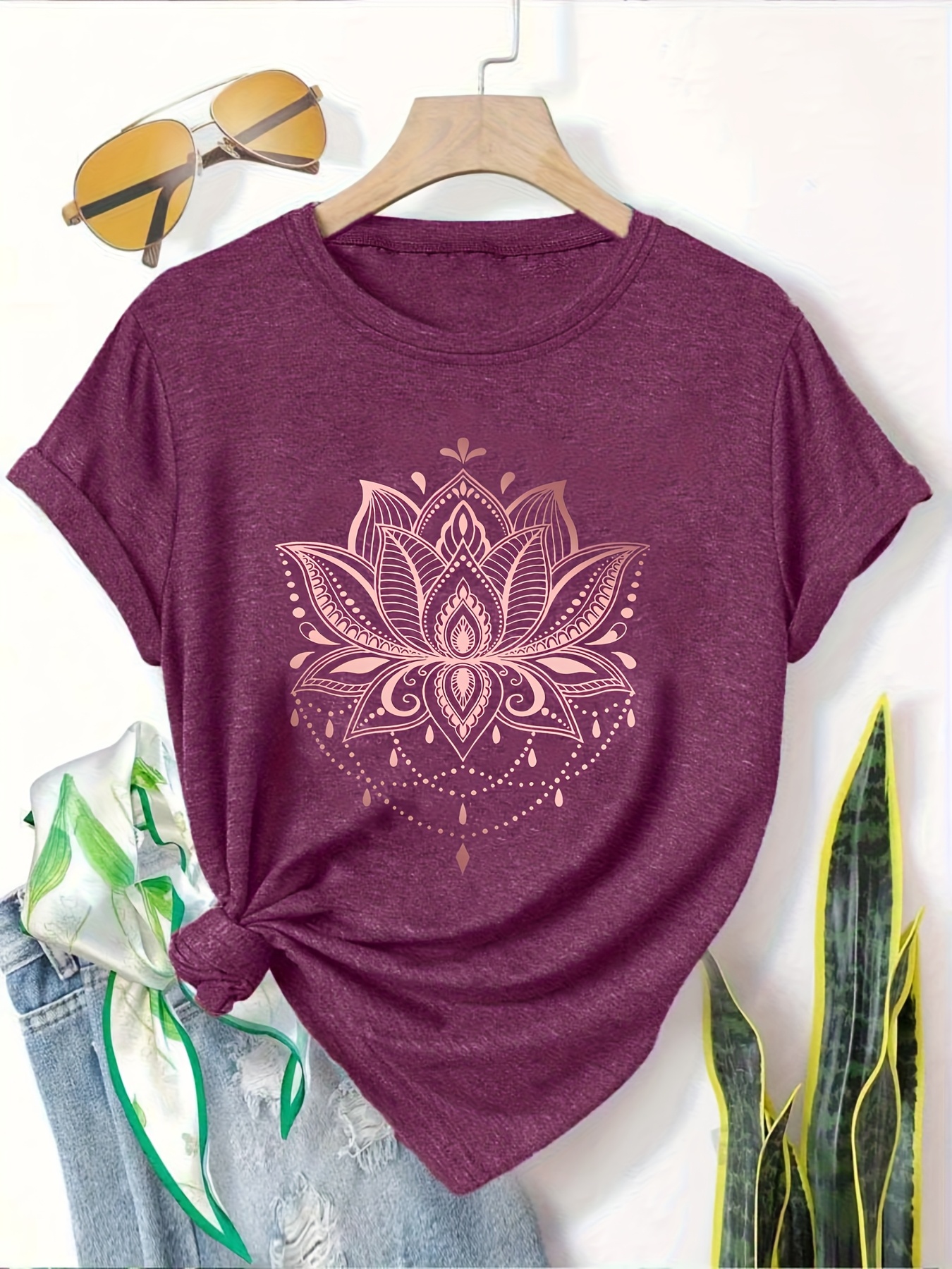 5pcs womens casual short sleeve t shirts summer round neck geometric print tees with dandelion floral     options breathable machine washable fabric cute t shirts everyday outfit     printed   adults Product details 13