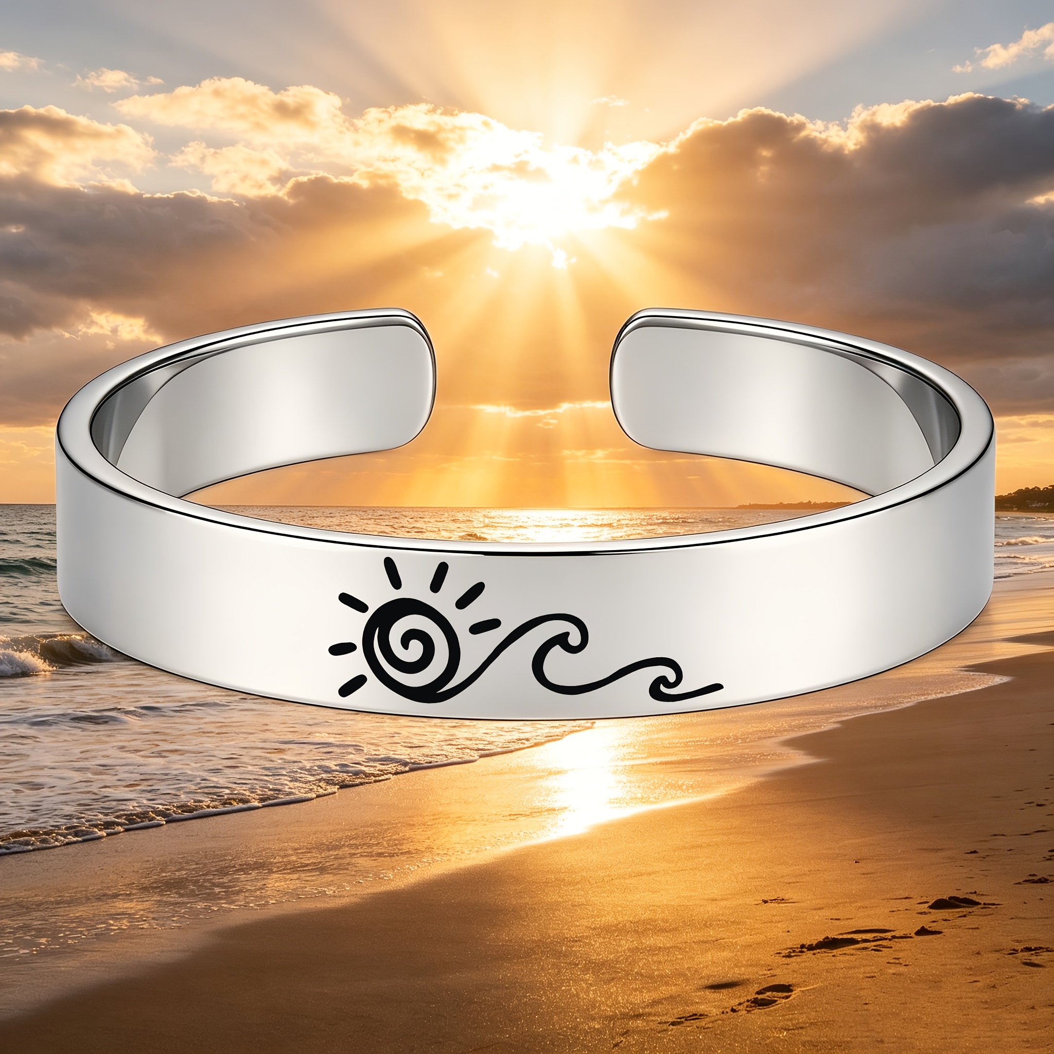 Women's Minimalist Sun and Wave Pattern 304 Stainless Steel Open Bangle
