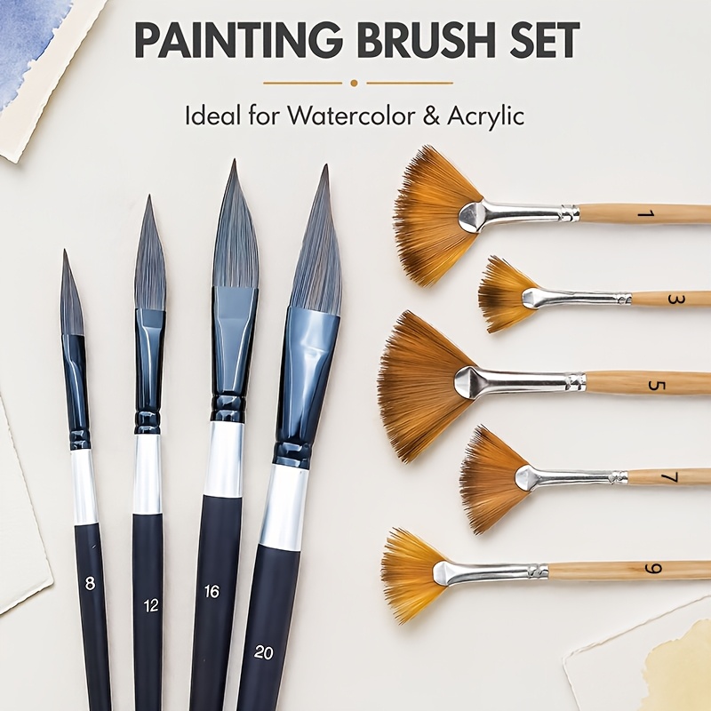 TEMU 9pcs Artist-grade Square Fan Watercolor Brushes, Including 4pcs Angle Brushes And 5pcs Fan Brushes, Suitable For -wet And Dry Techniques |