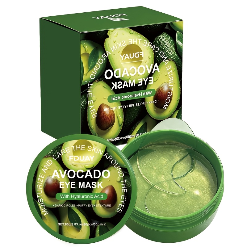 Image of 60pcs Avocado Eye Masks, With Hyaluronic Acid And Avocado Extract, Dual Moisturizing Area, Under , Easily Absorbed Texture, Suitable For Types For Skincare
