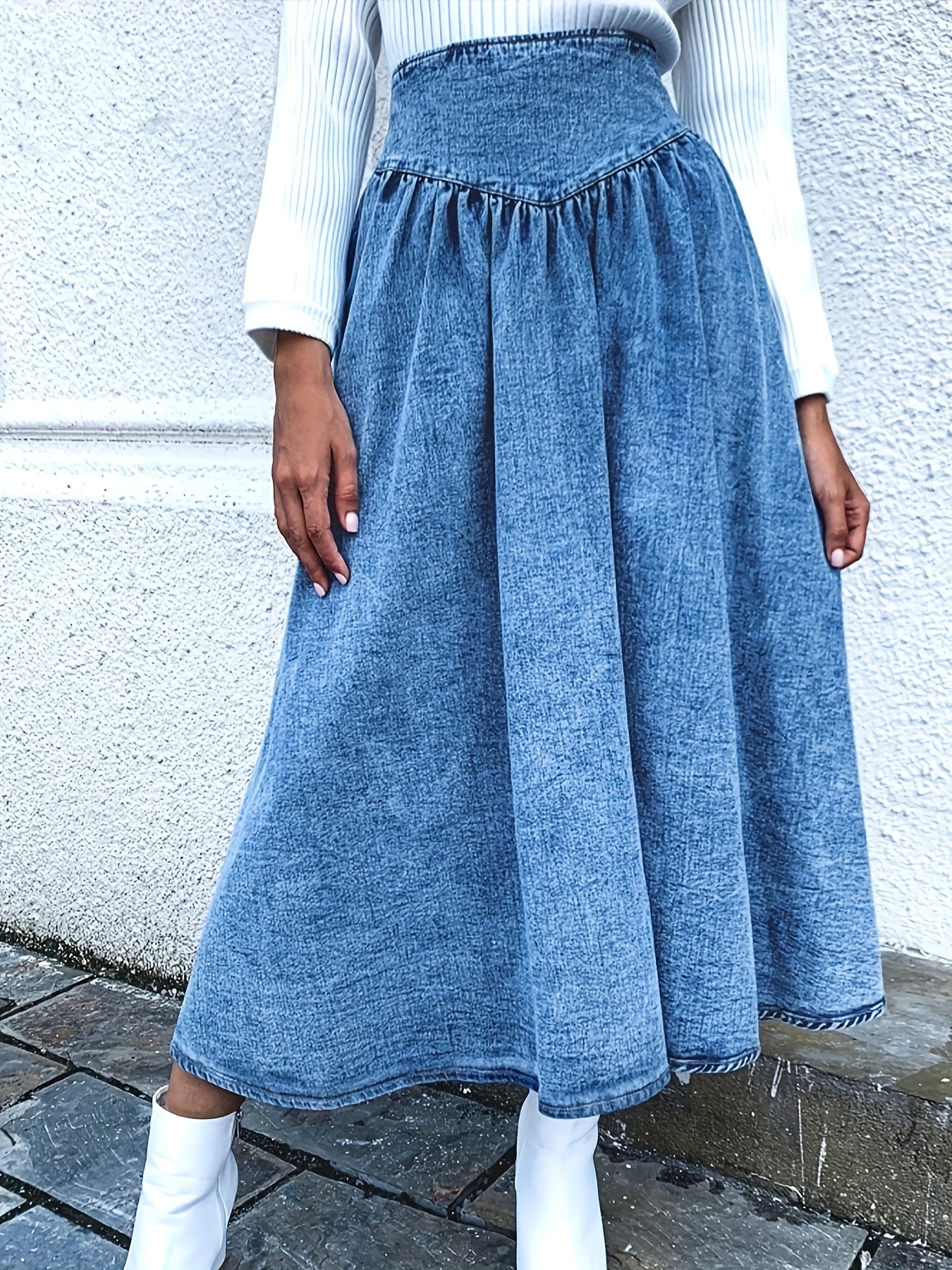 【WOOHWA】LEAF DENIM LONG SK denim maxi skirt sold on Temu United States