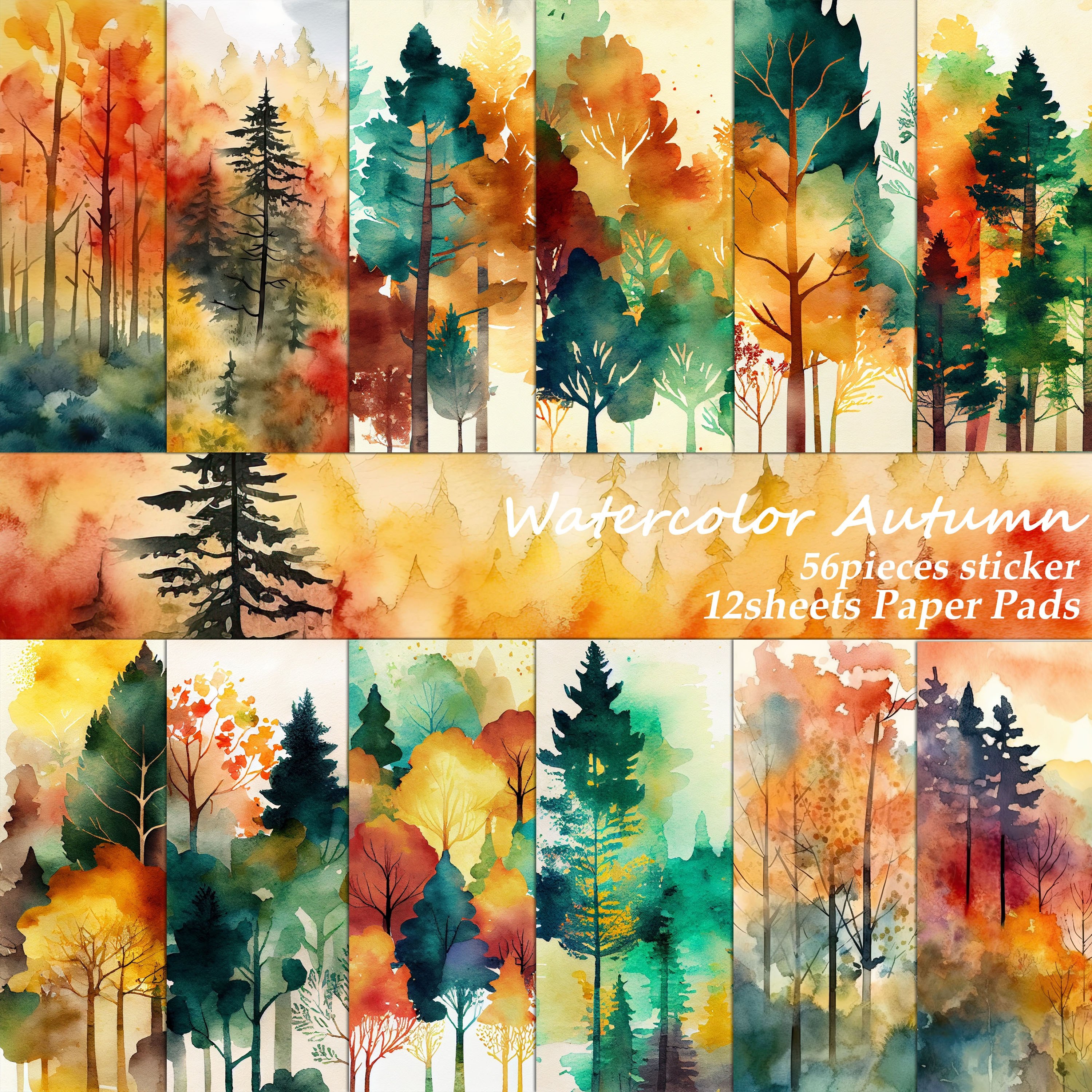 

Jai Iman Watercolor Autumn Forest Ephemera Set, 68 Pieces - 56 Uncoated Recyclable Stickers, 12 Scrapbook Paper Pads, Perfect For Journaling, Arts & Crafts, Scrapbooking, Diy Projects, Seasonal Decor