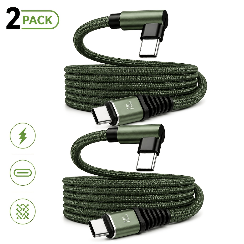 TEMU 2-pack 240w 90 Degree Usb-c To Usb-c Fast Charging Cables, L-shaped Right-angle Braided Charging Cables, Support Pd Super Fast Charging And Data