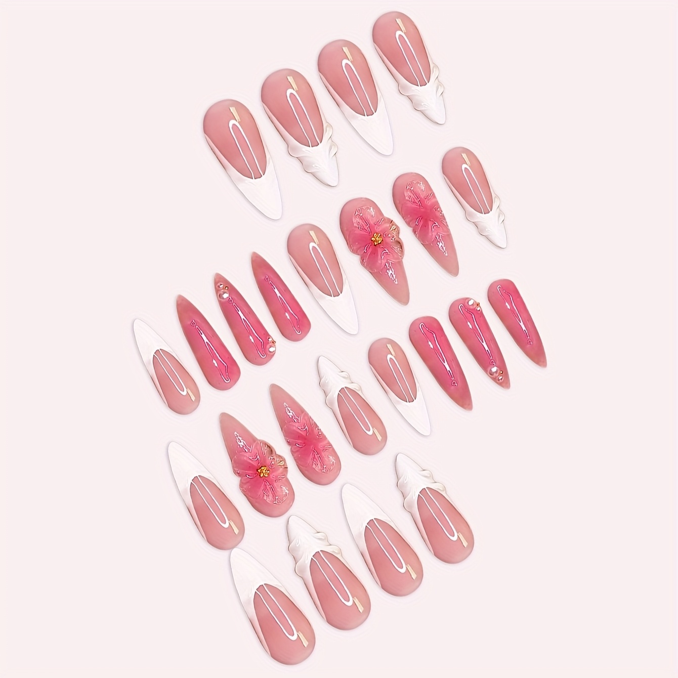 Künstliche Nägel Mandelform – 24 Stück Rosa Mit Lila Wellen-Design – Inkl. Feile & Klebeaufkleber Für Schnelle Maniküre