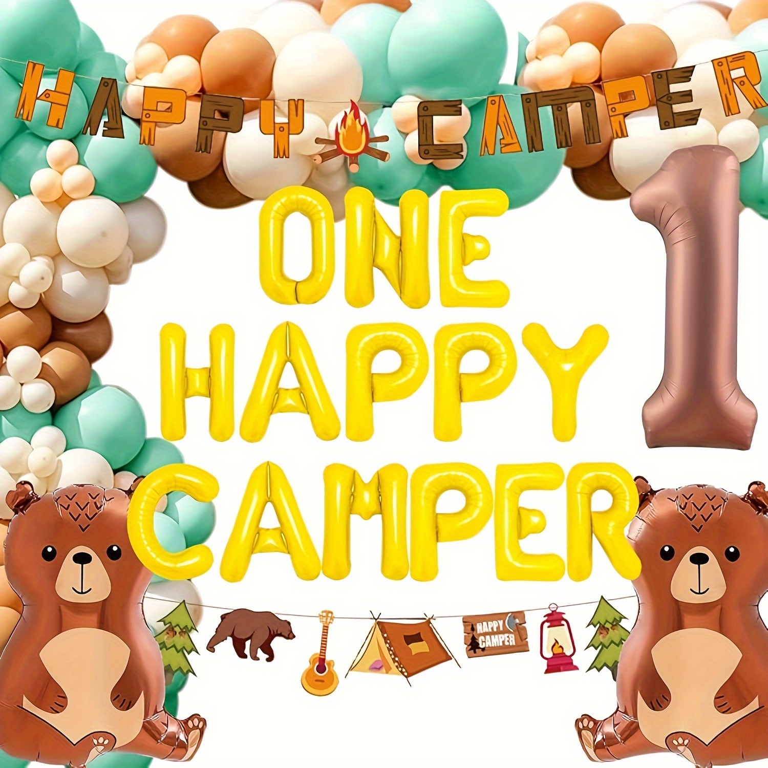 

Laventy 60 Pcs Birthday Decoration Balloons Banner Bear Balloons 1st Camping Birthday Decoration