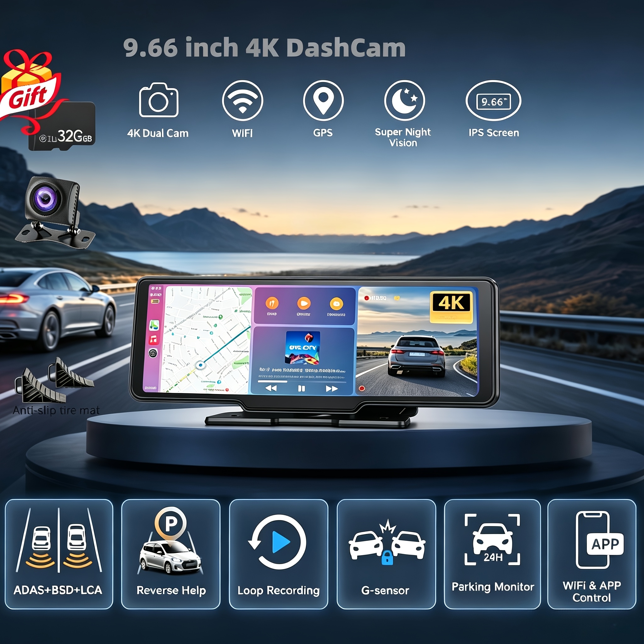 Image of 4k Dual Rear View 9.66 Inch Dashcam, Gps Car Camera With Ips Touchscreen Wifi Bsd , Blind Spot Detection Night Vision Loop Recording, Assistance System, , Includes Rear View Camera|32gb Tf Card