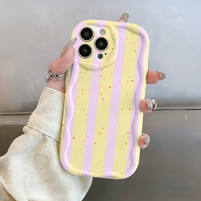 TEMU Phone Case: Phone Case - 1 Pink And Yellow Striped Polka Dot Wavy Cream Edge Drop-proof Protective Soft Case, Suitable For Iphone