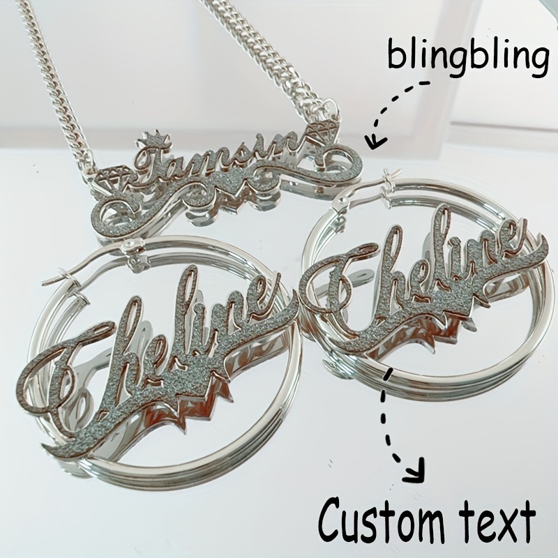 

Personalized Bling Nameplate Earrings Set - Stainless Steel, Heart-shaped, & Gifting - Ideal Christmas, Birthday, Party Accessory