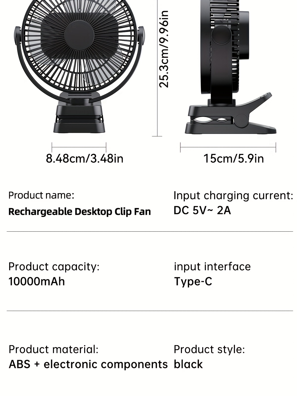 8-inch USB Charging Clip Fan Suitable for Bedroom, Dormitory, Bedside, Office, Desktop, Camping, Travel, Fishing, Can Be Clipped, Hung, Detachable, Washable, Digital Display with Five Levels of Wind Power, 10000mAh Battery with Power Bank Function