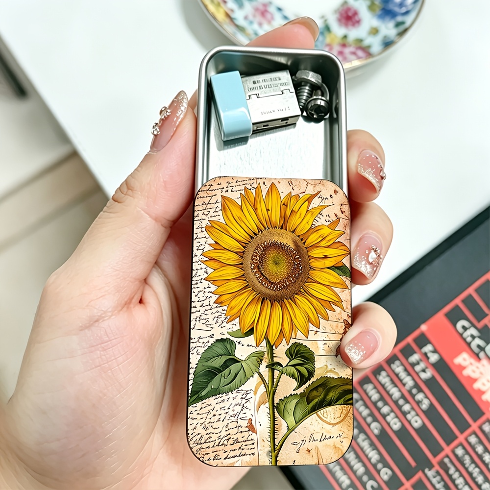 TEMU Retro Storage Box: A Multi-functional Sliding Iron Box Printed With Vintage Sunflower Oil Painting Style, Portable Design, Great For Holiday