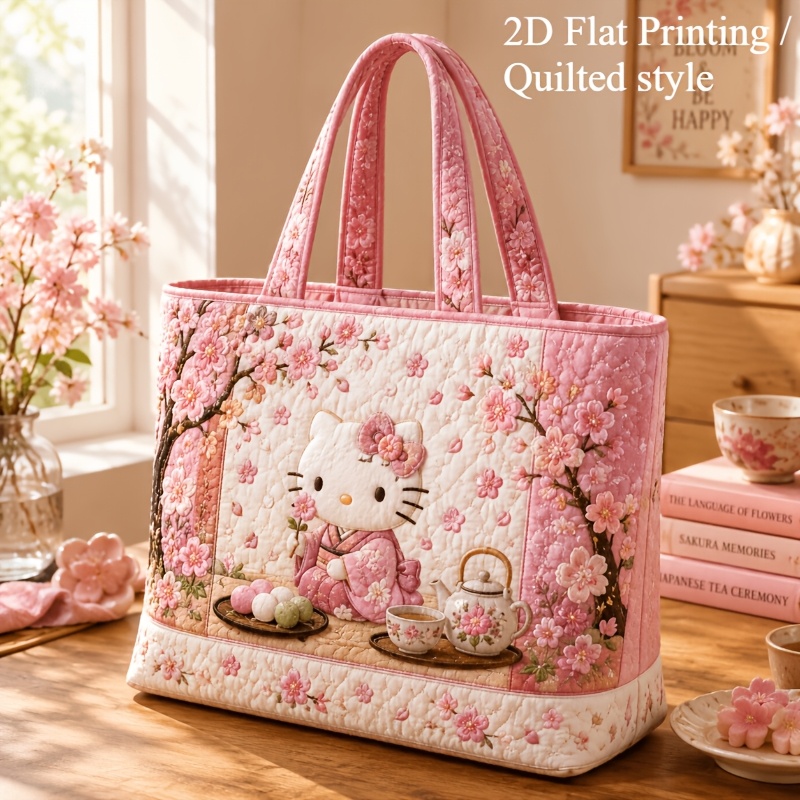Hello Kitty Sakura 2d Printed Quilted Tote Bag, Zipper Closure, Soft And Washable, Large Capacity For School, Gym, Travel, And Work