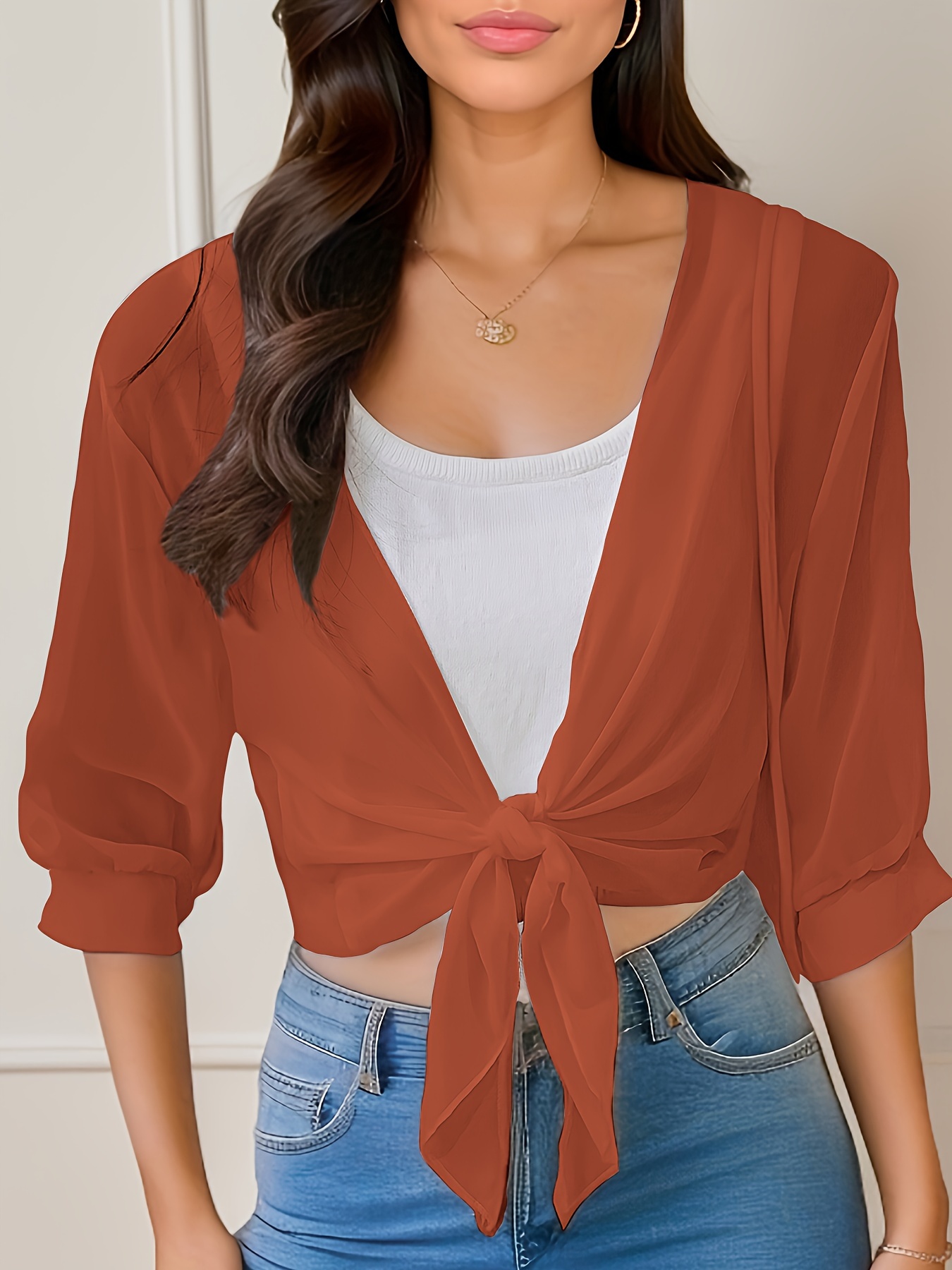 Women'S V-Neck Polyester Cardigan - Solid Color Half Sleeve Short Length with Lace-Up Detail, Non-Stretch Woven Fabric, Spring/Summer Lightweight Chiffon Sun-Protective Clothing