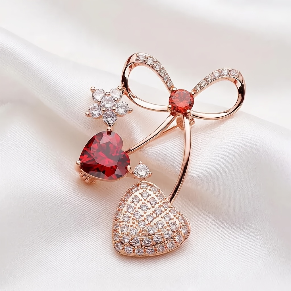 Image of Elegant Heart-shaped Brooch With Red Gems And Rhinestones, Perfect For Jackets And Suits, Ideal Valentine's Day Gift, Autumn Fashion Accessory | Elegant Accessory | Detailed