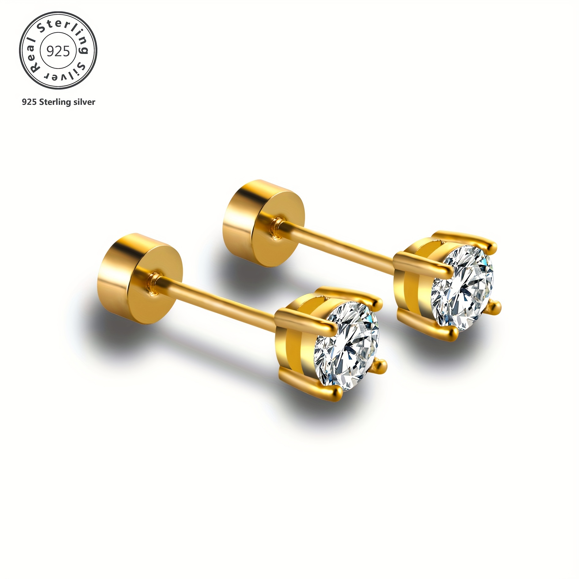 

4mm Golden Stud Earrings, , Suitable For , Material 925 Silver, 18k Gold Plated, Diamond Inlaid, Box.