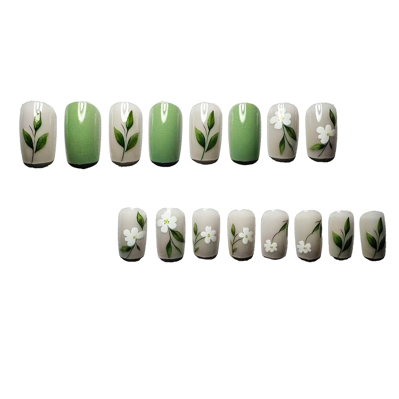TEMU 24pcs Press-on Nails Suitable For , Hand-painted Floral Nail Art With Glossy, Square Medium Length False Nails, Machine Nails For Diy