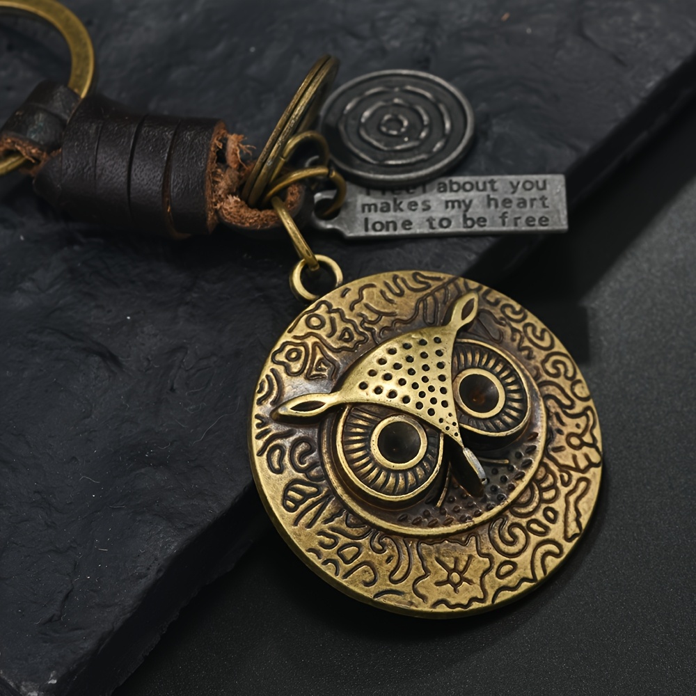 Image of New European And American Popular Creative Keychain For Men And Women Small Gift Alloy Bronze Owl Vintage Braided Cowhide Pendant