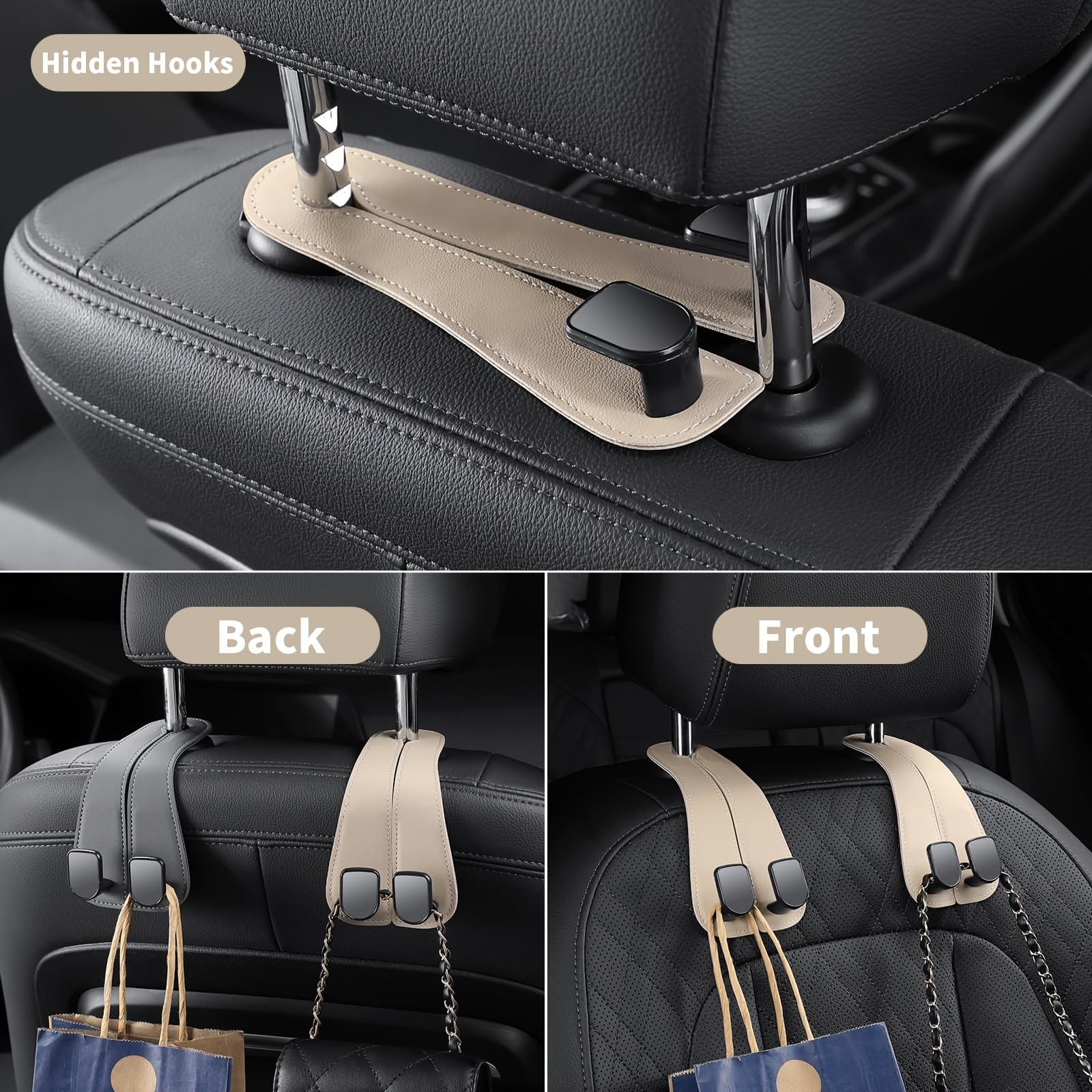 2pcs beige pvc car headrest hooks   design for purses bags fit vehicle seat back organizer accessories Product details 3