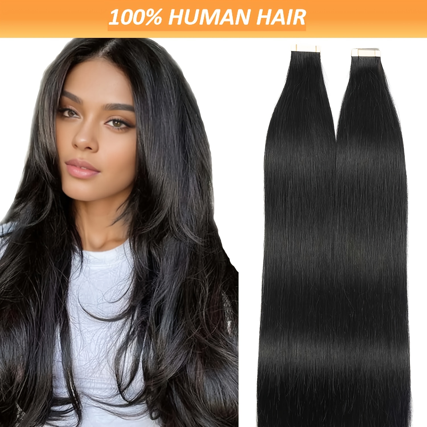 

Tape In Straight Hair Extensions Human Hair 100% Remy Hair Extenisons20pcs/pack #1b Natural Black 16-26 Inch Straight Seamless Invisible Skin Weft Extensions