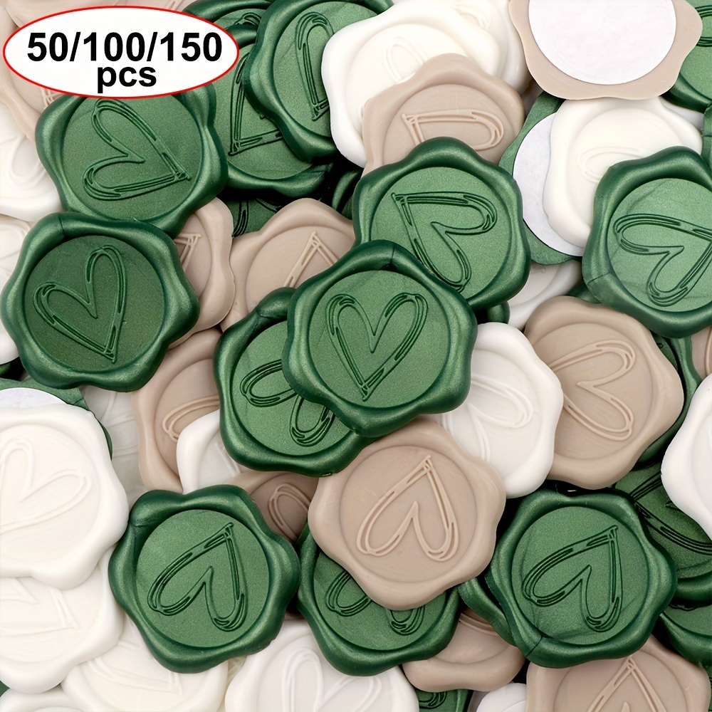 

50//150pcs Heart Wax Seal Stickers, Self-adhesive Plastic Envelope Seals For Wedding, Birthday, Christmas - Green, , White