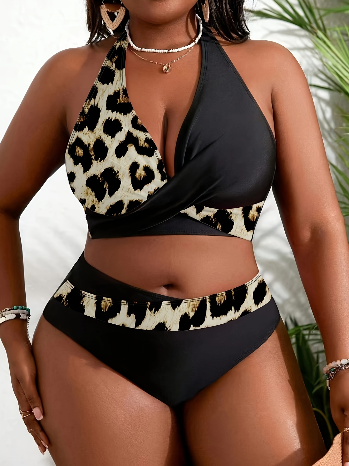womens plus size leopard print crossbody top and briefs swimsuit set