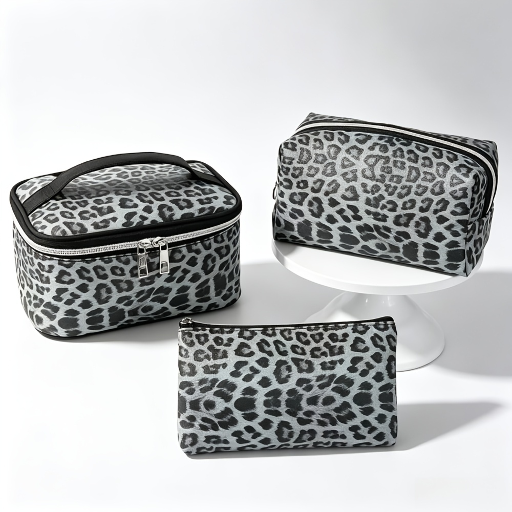 TEMU Ensemble de 3 trousses de maquillage à imprimé léopard gris, pochettes de voyage imperméables en PU pour articles de toilette pour femme avec