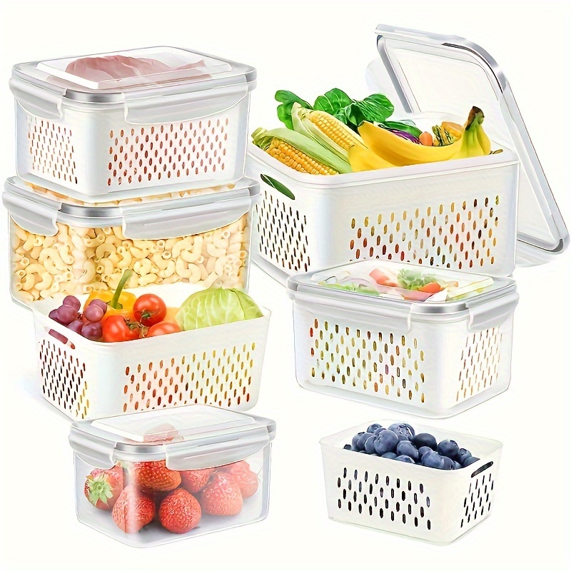 TEMU 6-pack Bpa-free Pp Material Food Storage - Stackable Refrigerator Organizer Bins With Drain Tray For Fruits, Vegetables, Dry - Kitchen Organization For Camping & Dining