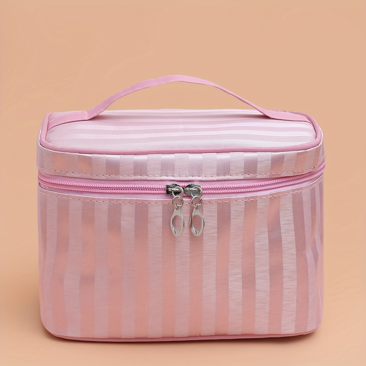 

Sac à cosmétiques de grande capacité à rayures, organisateur de rangement carré avec fermeture éclair, trousse de maquillage portable pour les voyages et la maison