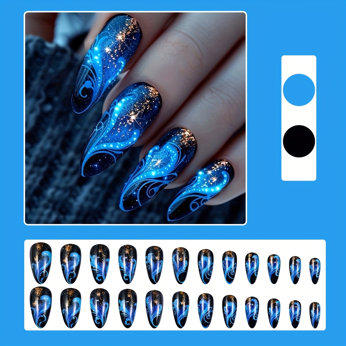 24pcs Glow In The Dark Blue Starry Almond Nails, Fake Nails With Golden Glitter