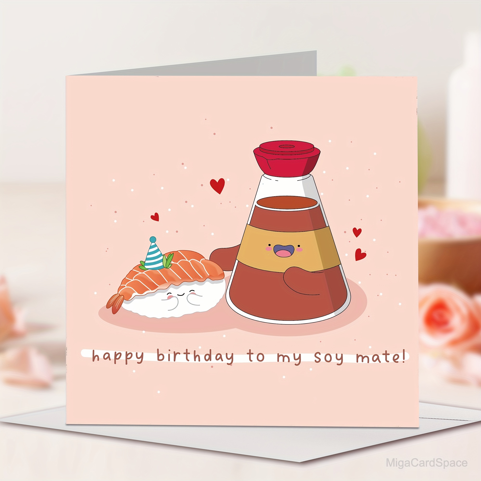 

Soy Mate Birthday Greeting Card For Anyone, Kawaii Sushi Pun Card With Envelope, English Language, Punny Food-themed Celebration Card