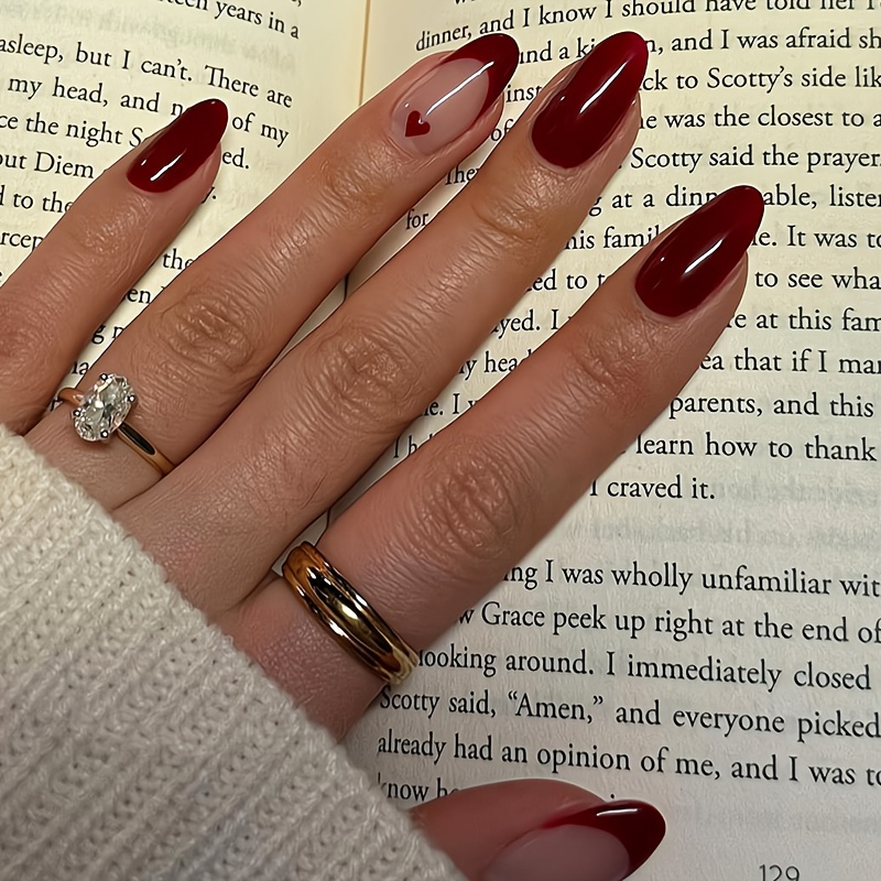 Burgundy Wine Red Nail Tip Fake Nails Press On Nails 24pcs With Tools Kit - Medium Almond Shape Reusable Fake Nails For Valentine's Day And Daily Wear, Glossy Easy Wine Stick On Nails For Women