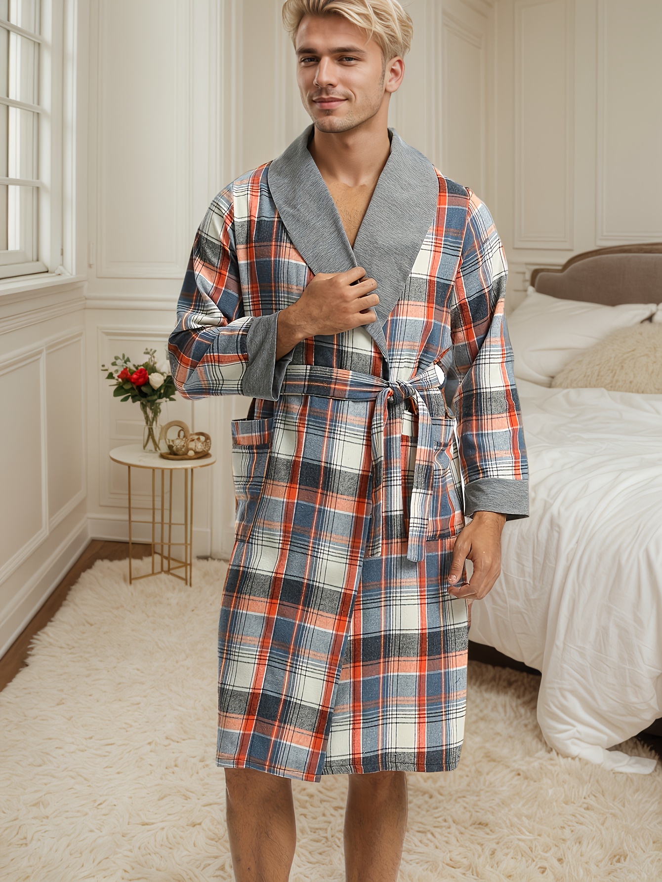 mens flannel bathrobe belt pockets long sleeve dual Temu Canada