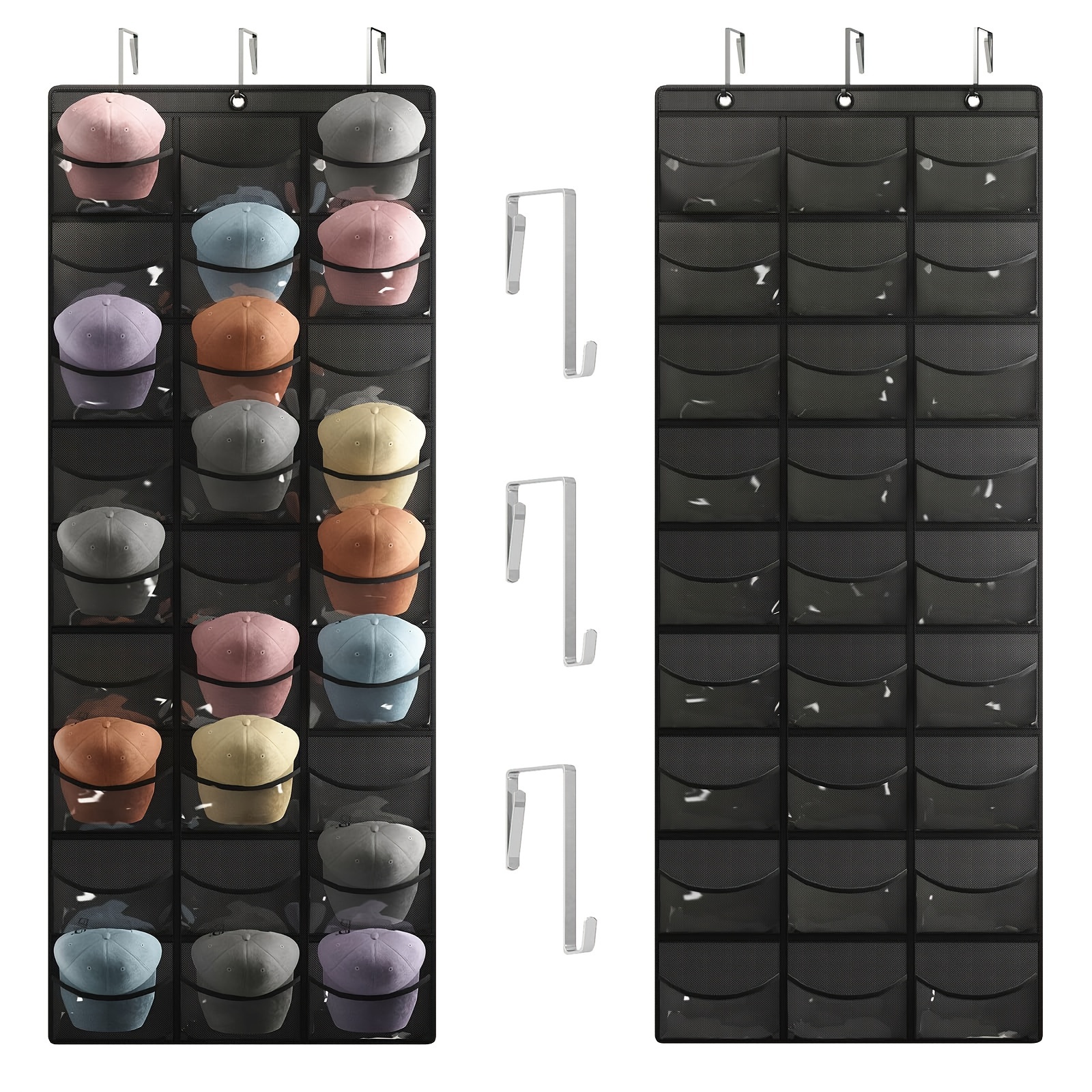 

Portable Hat Organizer Racks For Baseball Caps, Over The Door Cap Organizer With 27 Pockets, Clear Large Capacity Hat Rack For Hat Storage, Hat Holder Rack For Wall, Door With 3 Hooks