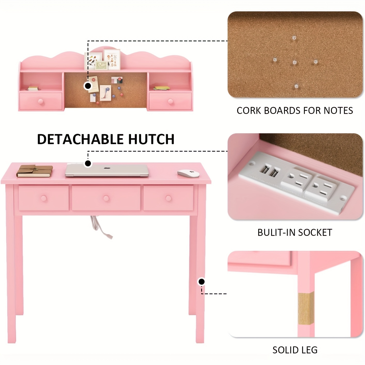 Modern 40-Inch Pink Writing Desk Featuring a Hutch And Five Drawers, Ideal for a for home Office Or As a Compact Vanity in The Bedroom