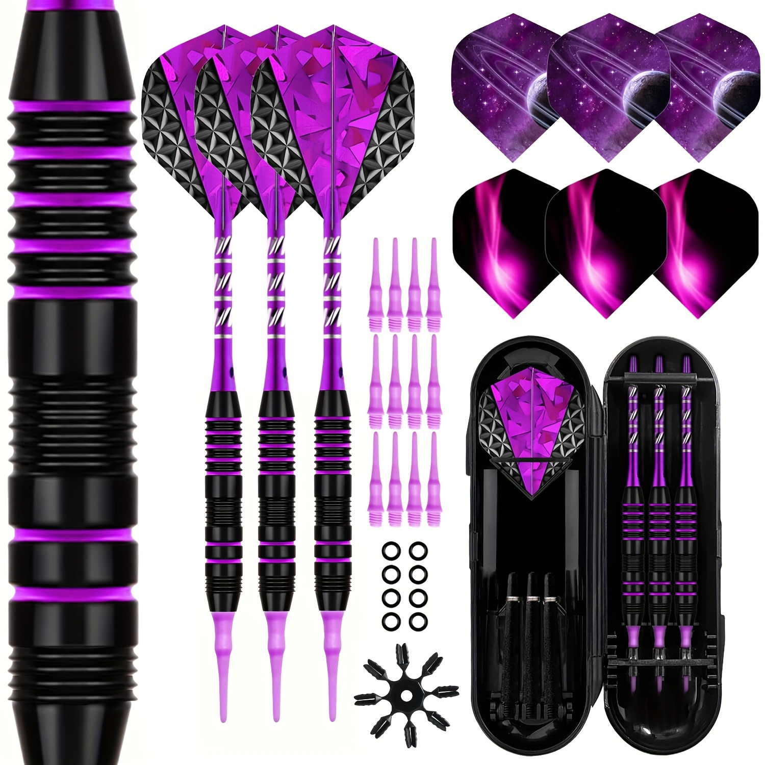 E-shop Trecynd 3-teiliges lila Dart-Set mit Ersatzflügeln & Aufbewahrungsetui – Komplettes Dartspiel-Set für Dartboards, Darts für Partys & Feiern