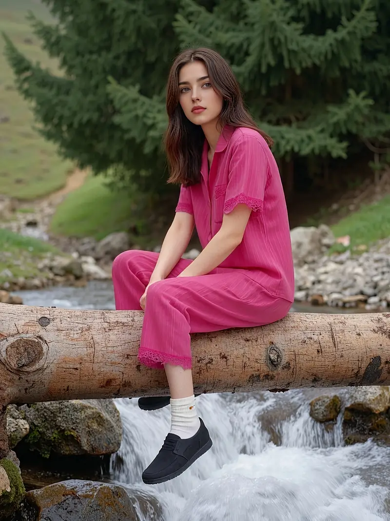 womens home clothes fashion splicing lace short sleeve pajamas home clothes wearing outerwear pajama set casual and comfortable two piece set Product details 2