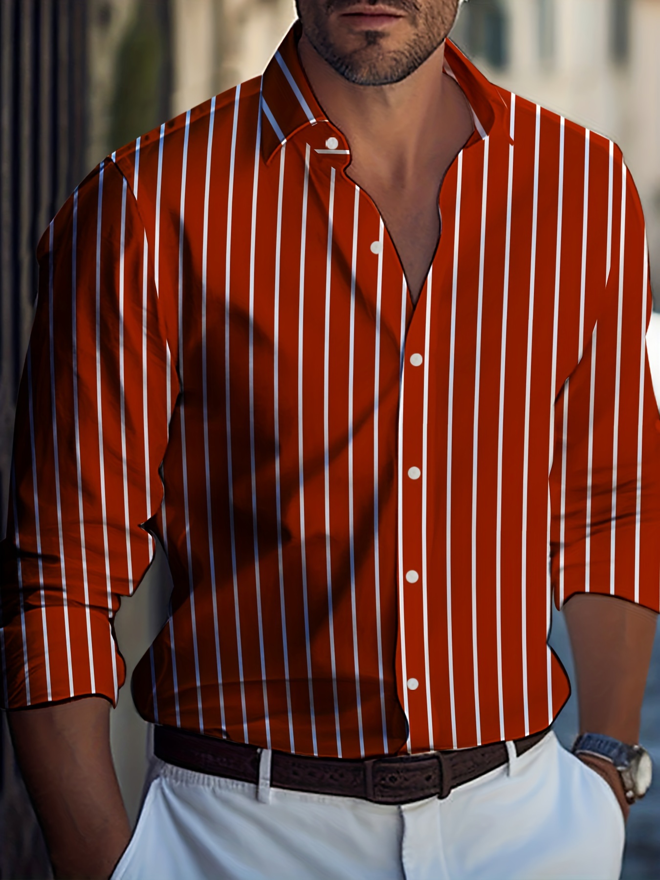 Plus Size Men's Casual Shirt With Striped Print, Long Sleeve Shirt For Various Occasions