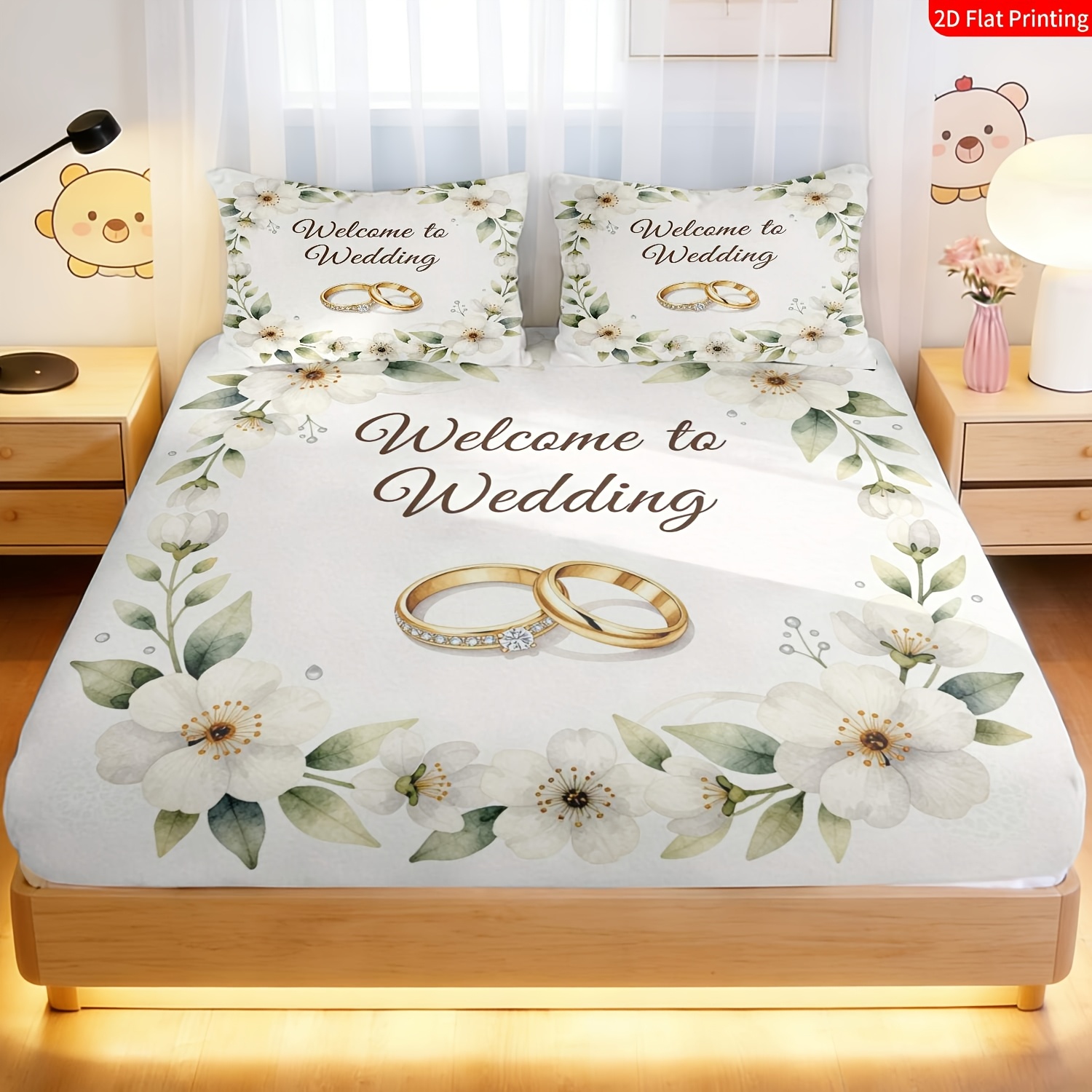 TEMU 2/3pcs 2d Flat Printing Fitted Sheet Romantic , Bedding, , Watercolor Flower Wreath & Rings Print With "welcome To Wedding" Text, Wedding