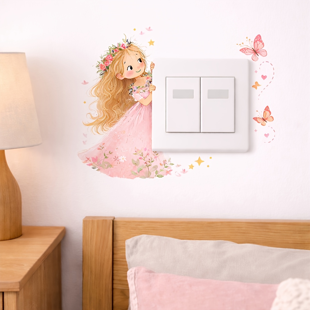 A Pink Dress Cute Girl Pattern Switch Sticker, Birthday Gift, Holiday Decoration, Self-adhesive Removable Pvc Wall Sticker For Living Room Bedroom School Kitchen Decoration Sticker Decal