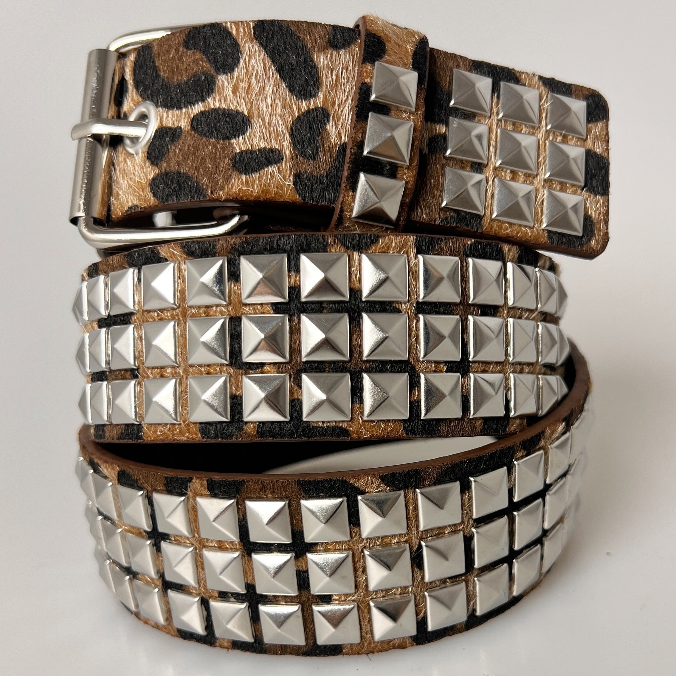 y2k Brown Leather Studded Wide Waist Belt Silver Pyramid Rivet Crystal 35in Fashion New Square Bead Rivet Belt Metal Pyramid Belt Men  main image 3