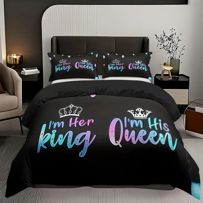 3pcs couple duvet cover set soft high definition black with colorful text breathable polyester perfect gift for machine washable 1 duvet cover 2 pillowcases no insert Product details 5