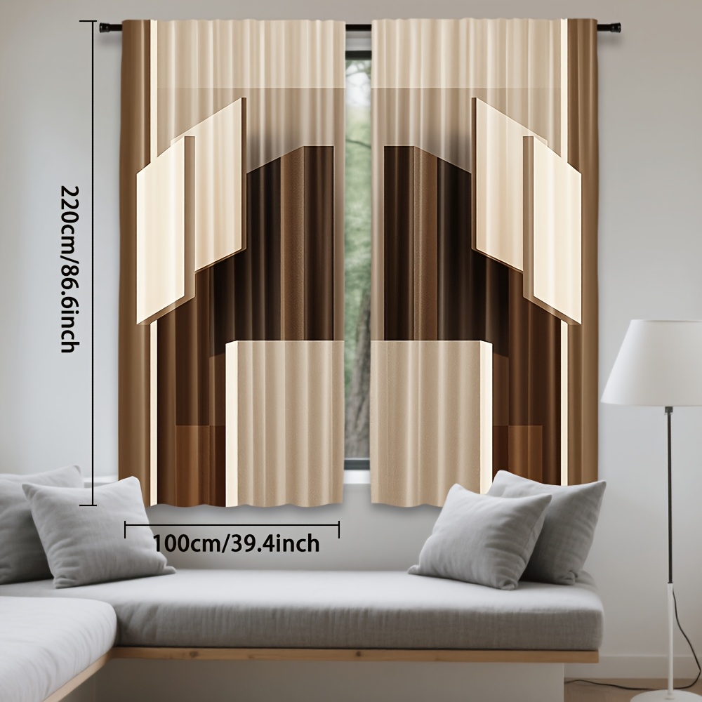 2pcs Cortinas Bege com Padrão de Bloco Geométrico - Design de Bolso de Varão 12