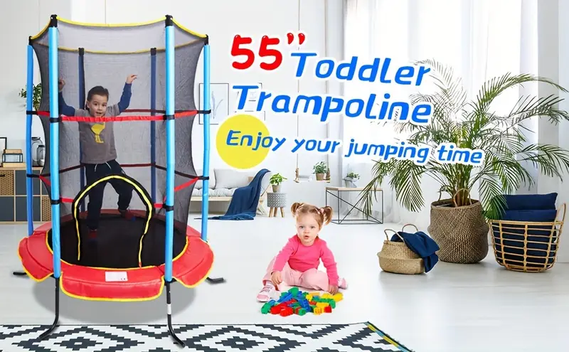55 mini trampoline for kids with enclosure indoor trampoline for toddlers with protective net and safety pad double sided zipper design for easy self entrance red details 0